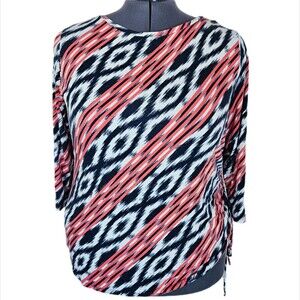 Ruby Rd Asymmetrical Drawstring Top Women's 1X Stripe Ikat Adjustable Ruched